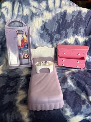 Mattel 1993/1994 Barbie Bedroom Playset Purple Bed Armoire Pink Dresser Bed Tray - Image 1 of 4