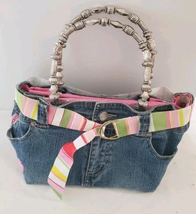 VINTAGE BONGO DENIM BLUE JEANS BOOTIE BOOTY BAG PURSE BEADED HANDLE BELTED - Picture 1 of 6