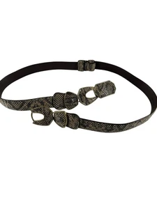 Chicos Leather Snake Print Belt M/L Brown Brass Geometric Buckle Adjustable - Picture 1 of 7