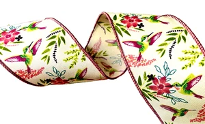Hummingbirds Birds 2.5" by 3 yds Mauve, Raspberry, Violet on Almond Wired Ribbon - Picture 1 of 6