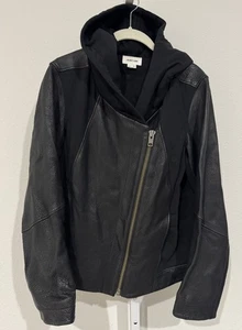 Helmut Lang Size L Classic Moto Combo Leather Jacket w/ Hood in Black - Picture 1 of 14