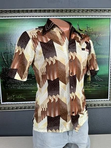 Vintage 1970s Disco Joel Cal Made Brown Dagger Collar Polyester Shirt Mens - M - Picture 1 of 11