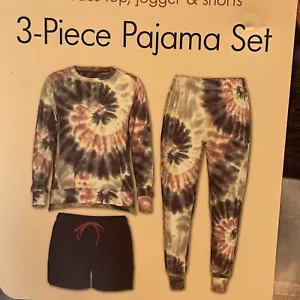 Tie Dye Women’s 3 Piece Pajama Set Size Small 4-6, Joggers Shorts Shirt PJ’s New - Picture 1 of 3