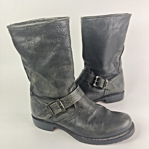 Frye Womens 7 moto boots black buckle biker leather mid calf modified distressed
