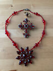 Red Jewlery Lot, Rhinestone Cross Pin, Star/Flower Beaded Necklace, Marquis Ring