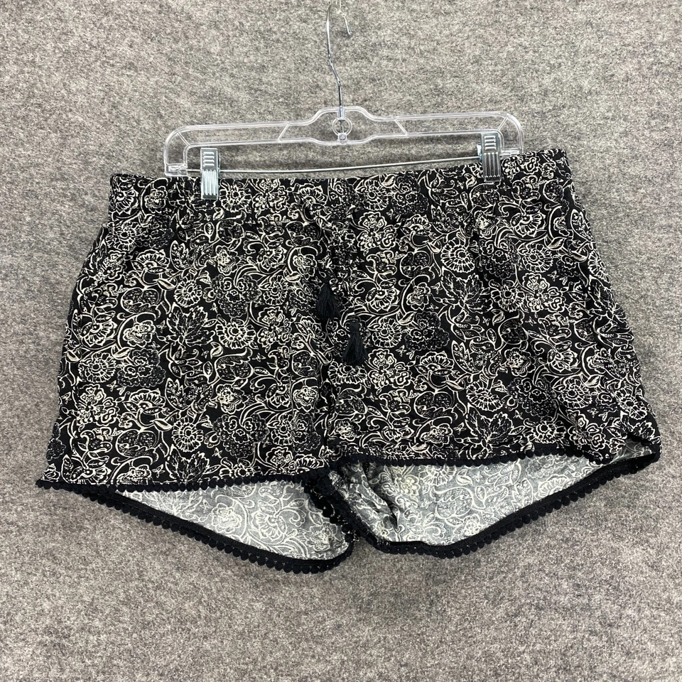 Pantalones Cortos Old Navy Mujer L Grandes Negros Florales Tiro Alto Cordón Caliente Rayón Foto 1 de 4