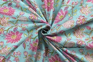 5 Yards Indian Sky Blue Floral Print Fabric Hand Block Print Cotton Dress Fabric - Picture 1 of 3
