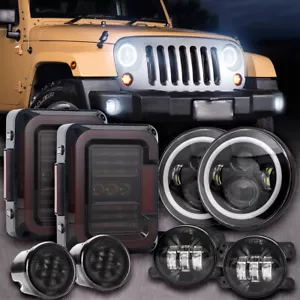 For Jeep Wrangler JK 07-2018 Halo 7" Round LED Headlight+Tail&Turn&Fog light Kit - Bild 1 von 12