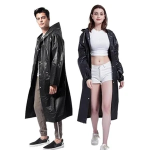 Liso Chubasquero Largo Color Negro Con Capucha & Botón Tamaño Libre Unisex De - Imagen 1 de 4