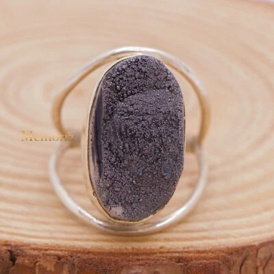 925 Argento Sterling Nera Naturale Drusa Ovale Gemma Massiccio Misura Anello 8 - Immagine 1 di 4