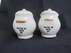 VINTAGE WHITE CERAMIC CHAMBER POTS FILL'ER UP WITH S & P SALT & PEPPER SHAKERS - Picture 1 of 5