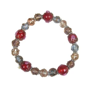 Glass Beaded Bracelet 9.5 In Stretch Silvertone Jewelry Red Fashion - Picture 1 of 5