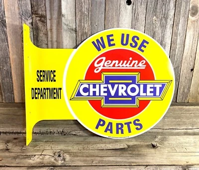 Chevrolet Chevy Parts Large Flange Yellow Metal Tin Sign Garage Man Cave Bar - Image 1 of 3