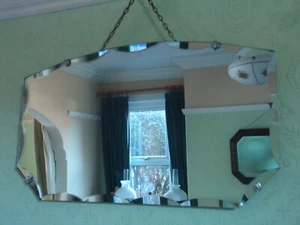 Vintage Frameless Bevelled Scallop Edge Wall Hall or Mantel Mirror Claw Clasps - Picture 1 of 4