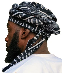 Black and White Kente African Print pre-tied Turban for Men - Picture 1 of 2