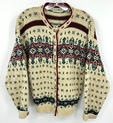 Cardigã feminino vintage LL Bean suéter lã médio Fair Isle Grandma Holiday - Imagem 1 de 4