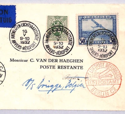 BELGIUM Air Mail 1932 Cover FIRST FLIGHT Antwerp-Berlin ANVERS AEROPORT CDSYG341 - Image 1 of 4