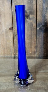 Vintage Murano Style Cobalt Blue Hand Blown Swirl Swung Glass Bud Vase - Picture 1 of 7