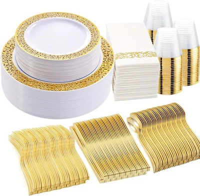 WELLIFE 210Pcs Gold Plastic Dinnerware - Disposable Silverware and Cups, Include - Image 1 of 4