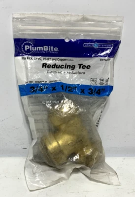 Jones Stephens C77447LF Plumbite Push On Reducing Tee Brass 3/4" x 1/2" x 3/4" - Image 1 of 4