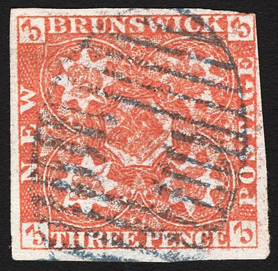 New Brunswick #1 3p Red 1851 VF Used Blue Barred Oval Cancel Rare  - Image 1 of 3