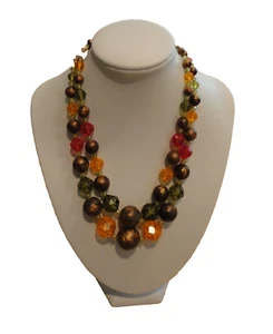 Collana Vintage Due Fili Verde Arancione Marrone Perline Divertenti! - Foto 1 di 7