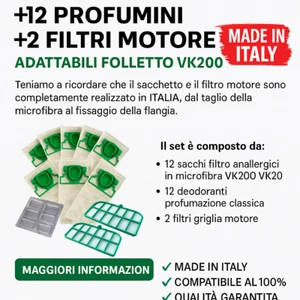 FOLLETTO VK200 220S 12 SACCHI +12 PROFUMINI +2 FILTRI MOTORE MADE IN ITALY COMP - Imagen 1 de 8