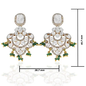 Womens Silver Earrings Natural Diamond Polki Emerald 925 Sterling 18k Plated - Picture 1 of 2