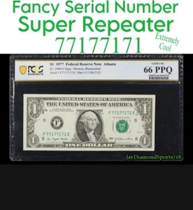 1977 $1 FEDERAL RESERVE NOTE SUPER REPEATER PCGS 66 PPQ/ PMG GEM UNC #77177171 - Picture 1 of 3