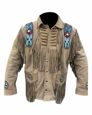 Men Western Cowboy Suede Fringe Jacket Beaded Native American Leather Jacket - Image 1 of 4