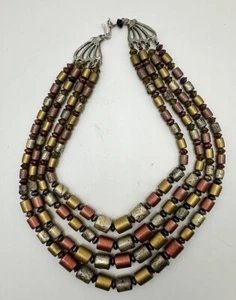 Collana Vetro Arte Vintage Oro Argento Bronzo Folati Barile Perline Giappone - Foto 1 di 6