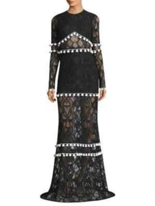 NEW NWT $796 ALEXIS "Thora" black maxi dress with white tassel detail - sz M - Picture 1 of 10