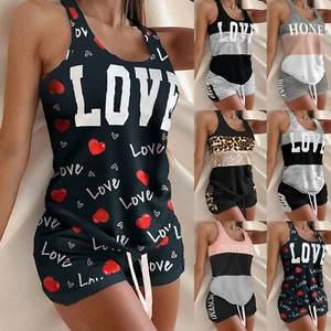 Women Print Sleeveless Set Casual Vest Tops Shorts 2-Piece Suit Summer Tracksuit - Picture 1 of 18