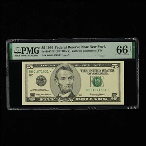 1999 Federal Reserve Note New York 5 Dollars Fr#1987-B* PMG 66 EPQ Gem UNC - Picture 1 of 4