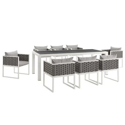 Juego de comedor Modway Stance de 9 piezas de aluminio y tela para patio en blanco y gris Foto 1 de 4