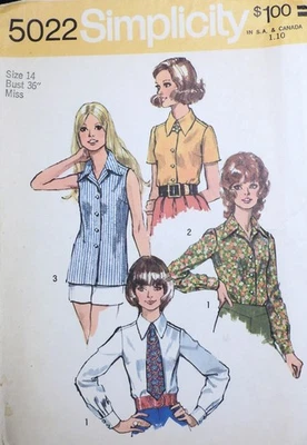 Vtg 1970s Simplicity 5022 Shirt Top Blouse Tie SEWING PATTERN 36 Bust 14 - Image 1 of 4