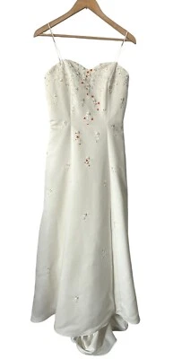 Eden Bridal Ivory Spaghetti Strap Orange Accent Beaded Wedding Gown Size 10 - Image 1 of 4