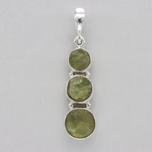 Triple Round Green Natural Cut PERIDOT Pendant 925 STERLING SILVER Rough #15e - Picture 1 of 8