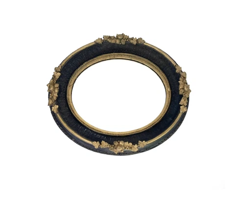 Antique Late 19th C. French Gold Guilt Wooden Black Oval Mirror, 17”X15” Cover