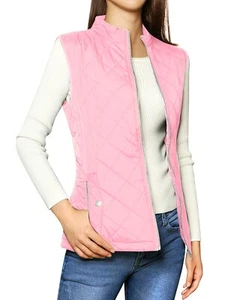 Allegra K Women's Stand Collar Lightweight Gilet Quilted Zip Vest, Pink, Large - Picture 1 of 5