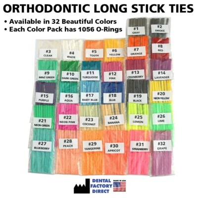 DENTAL FACTORY DIRECT Orthodontic Long Sticks O-Ring Ties for Brackets - 1056 Elastics in 32 Colors