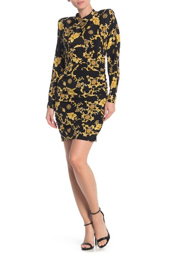 VERSACE Abito in seta VERONICA BARBA stampa oro nero AMILE finto collo arricciato lati 10