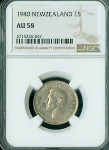 1940 NEW ZEALAND SHILLING NGC AU58 SCARCE DATE . - Picture 1 of 2