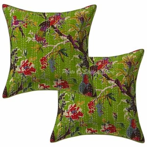 Indian Cotton Pillow Covers Green 16 x 16 Kantha Bird Cushion Covers Set Of 2 - Picture 1 of 3
