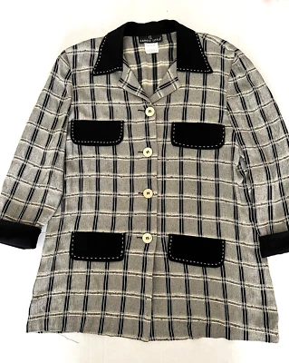 Jaqueta/blusa leve vintage Carole Little Rayon creme e preto xadrez tamanho 6 - Imagem 1 de 4