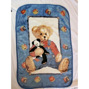 Vintage Blue Jean Teddy Bear Plush Fleece Baby Blanket Throw 42" X 30" - Picture 1 of 6