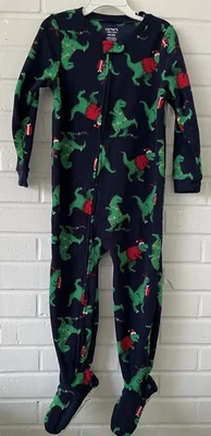 Carter's Foot 拉链蓝色绿色红色睡衣恐龙圣诞假期尺寸 4T — 第 1/4 张图片