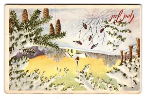 Vintage Norwegian Winter Scene Postcard with Pine Cones & Bullfinches - Picture 1 of 2
