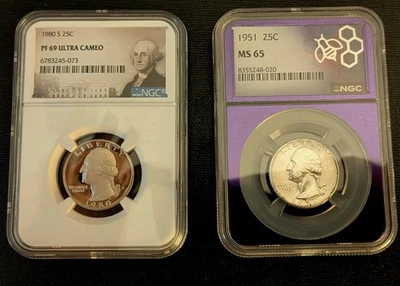 Lot of 2: 1980 S PF69 ULTRA CAMEO + 1951 MS65 Purple Core Washington Quarters - Image 1 of 4