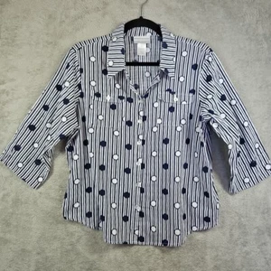 Alfred Dunner Women's Blue & White Stripe Polka Dot Button Down Blouse Sz PL - Picture 1 of 13